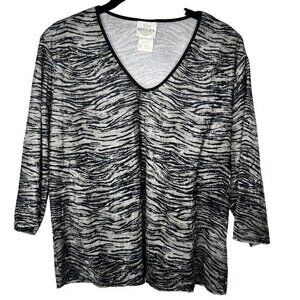 Vintage JR Bentley‎ Shirt XL Black Gray Striped V Neck 3/4 Sleeves